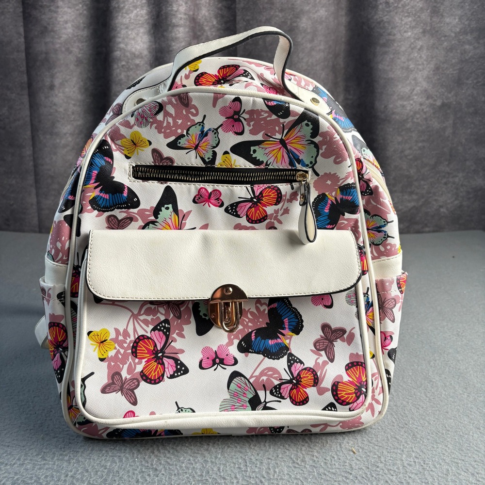 White Butterfly Print Mini Backpack Faux Leather Gold Twist Lock Multi Pocket